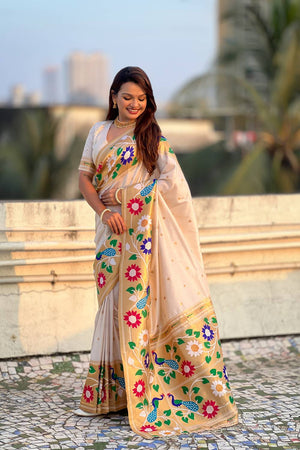 Cream Woven Paithani Silk Saree