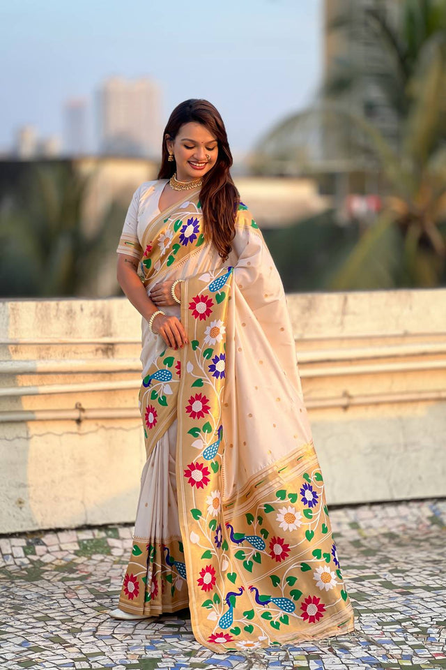 Cream Woven Paithani Silk Saree