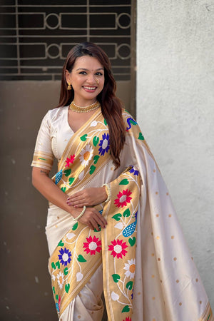 Cream Woven Paithani Silk Saree