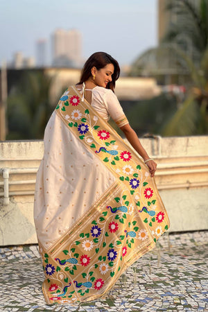Cream Woven Paithani Silk Saree