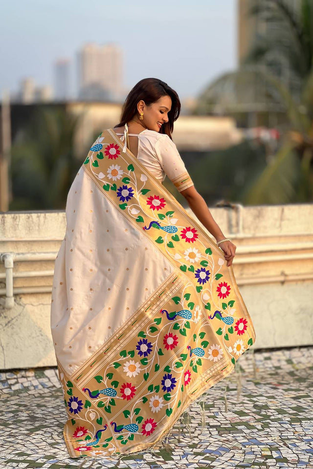 Cream Woven Paithani Silk Saree