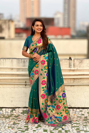 Turquoise Woven Paithani Silk Saree