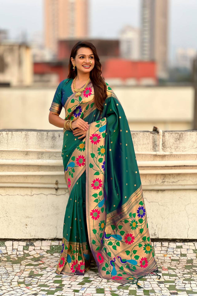 Turquoise Woven Paithani Silk Saree