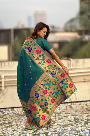 Turquoise Woven Paithani Silk Saree