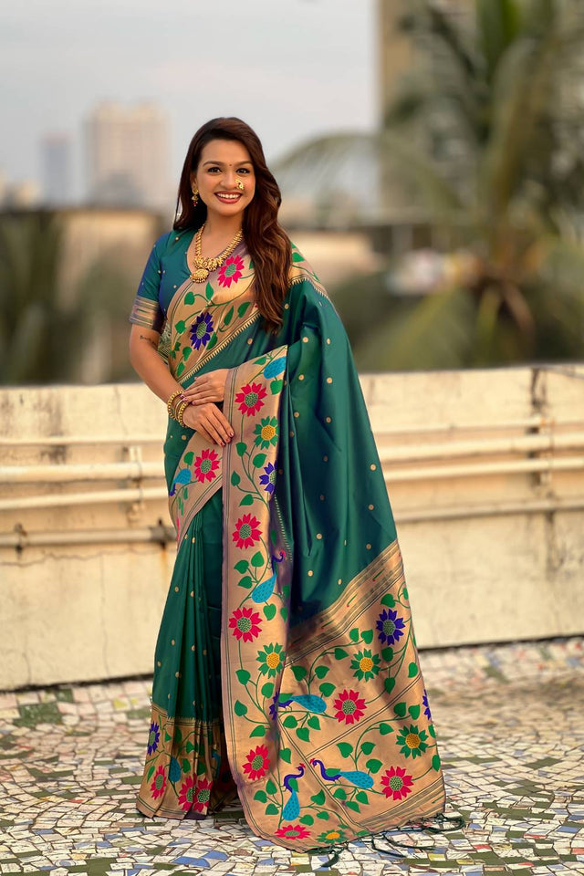 Turquoise Woven Paithani Silk Saree
