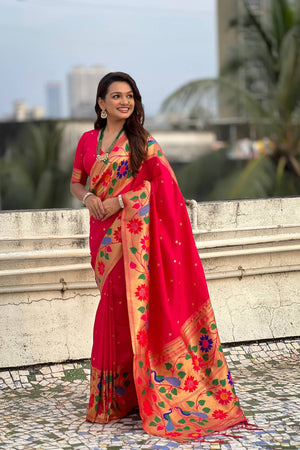 Pink Woven Paithani Silk Saree