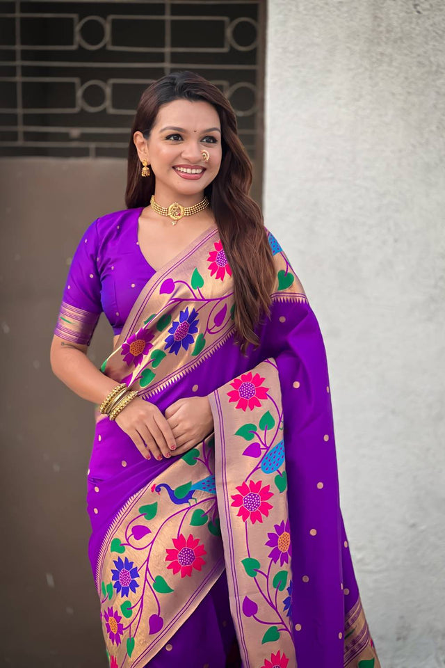 Lavender Woven Paithani Silk Saree