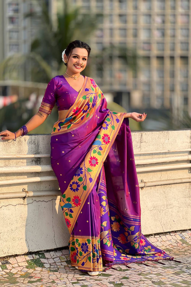 Violet Woven Paithani Silk Saree