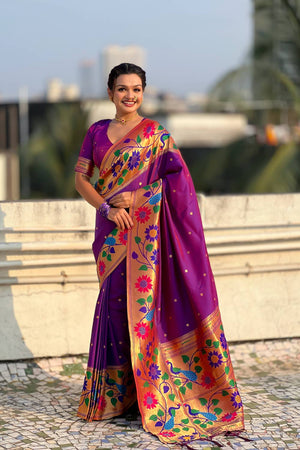 Violet Woven Paithani Silk Saree