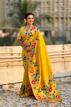 Yellow Woven Paithani Silk Saree