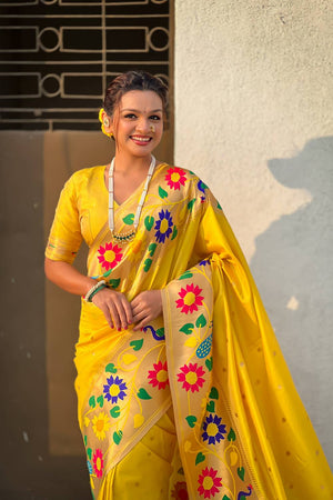 Yellow Woven Paithani Silk Saree
