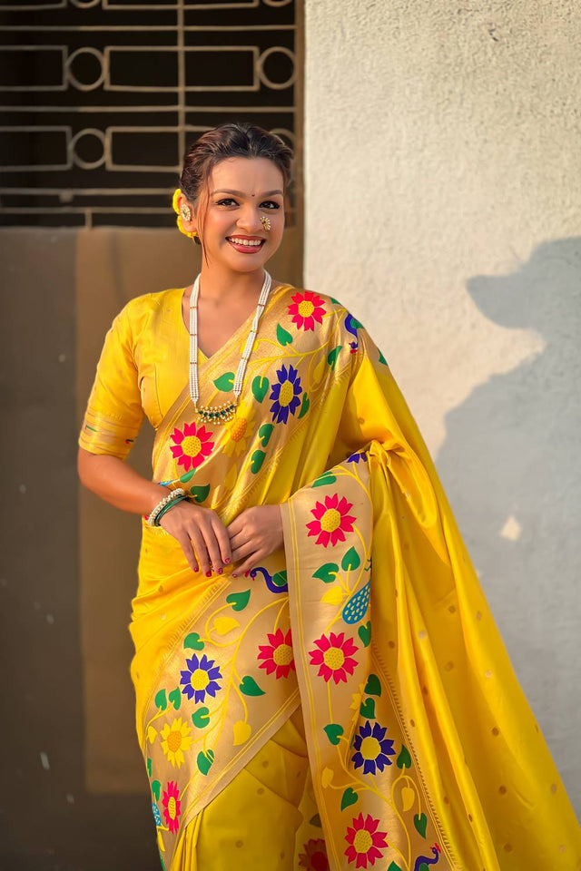 Yellow Woven Paithani Silk Saree
