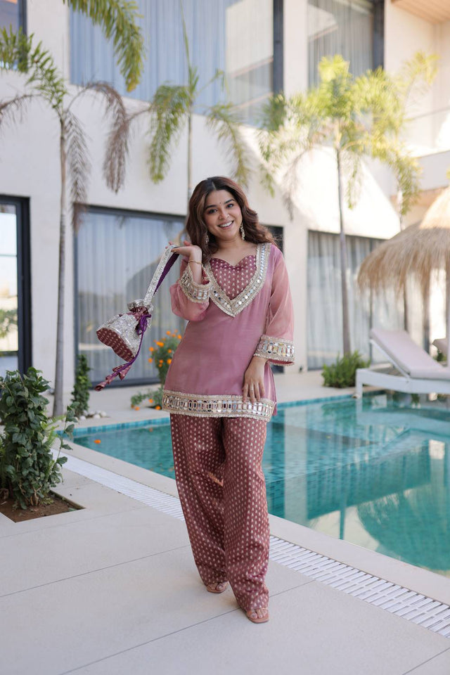 Pink Mirror Sequin Silk Palazzo Suits