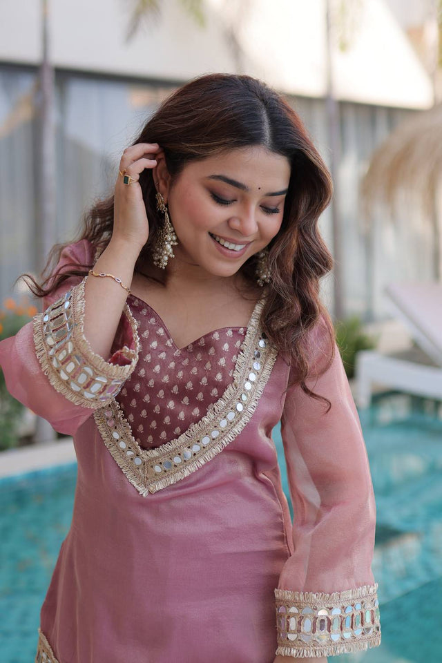 Pink Mirror Sequin Silk Palazzo Suits