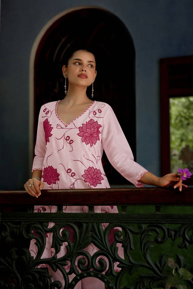 Pink Floral Embroidered Chinon Co-Ord Set