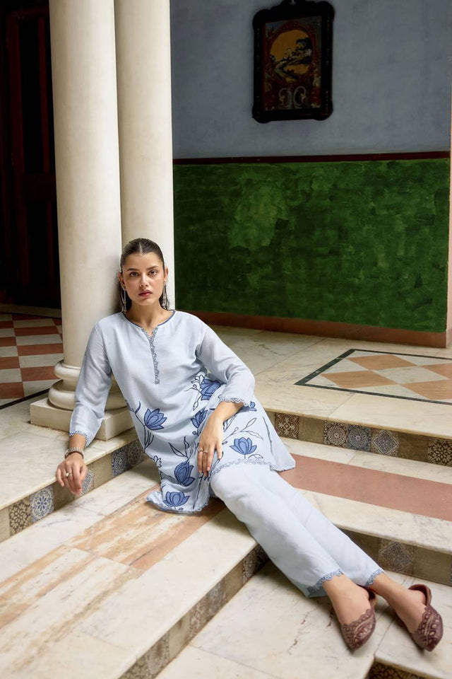 Blue Floral Embroidered Chinon Co-Ord Set