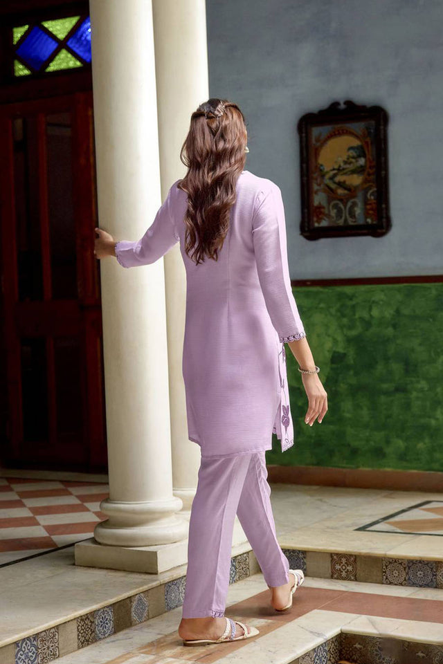 Violet Floral Embroidered Chinon Co-Ord Set