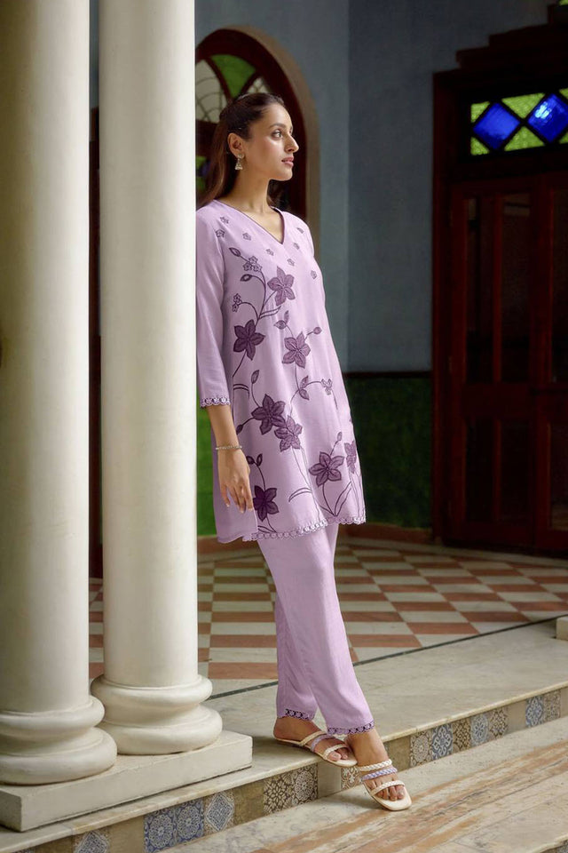 Violet Floral Embroidered Chinon Co-Ord Set