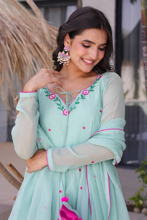 Sea Green Embroidered Georgette Anarkali Suits