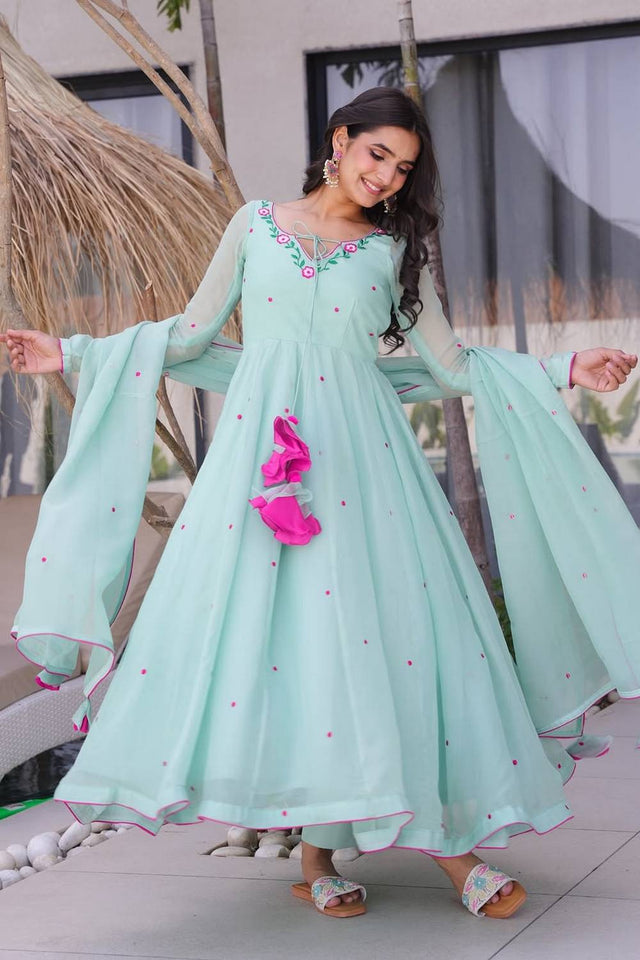 Sea Green Embroidered Georgette Anarkali Suits