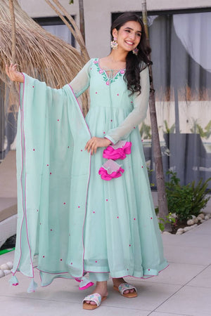 Sea Green Embroidered Georgette Anarkali Suits
