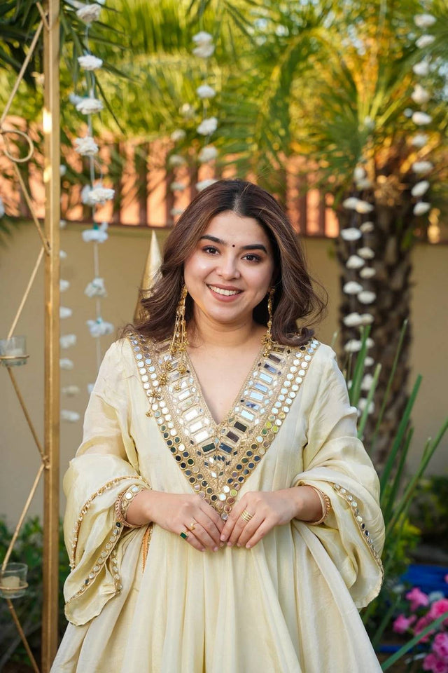 Cream Mirror Sequin Chinon Palazzo Suits