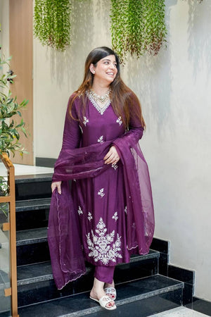 Wine Embroidered Muslin Anarkali Suits