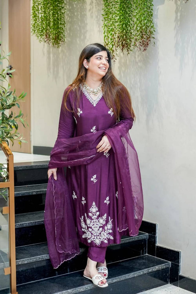 Wine Embroidered Muslin Anarkali Suits