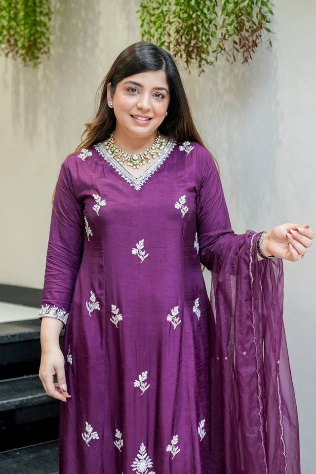 Wine Embroidered Muslin Anarkali Suits