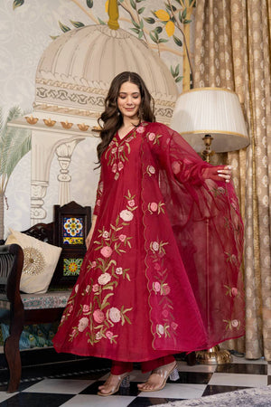 Maroon Floral Embroidered Muslin Anarkali Suits (ACA4851)