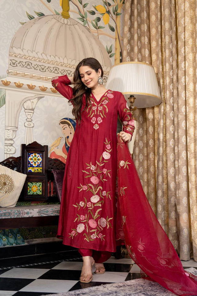 Maroon Floral Embroidered Muslin Anarkali Suits (ACA4851)
