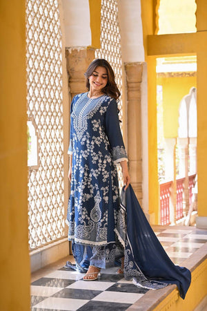 Teal Floral Printed Muslin Straight Cut Suits