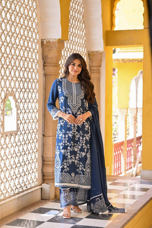 Teal Floral Printed Muslin Straight Cut Suits