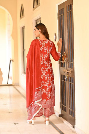 Rust Floral Printed Muslin Straight Cut Suits