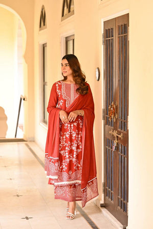 Rust Floral Printed Muslin Straight Cut Suits