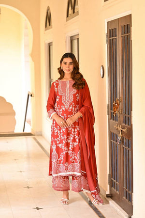 Rust Floral Printed Muslin Straight Cut Suits