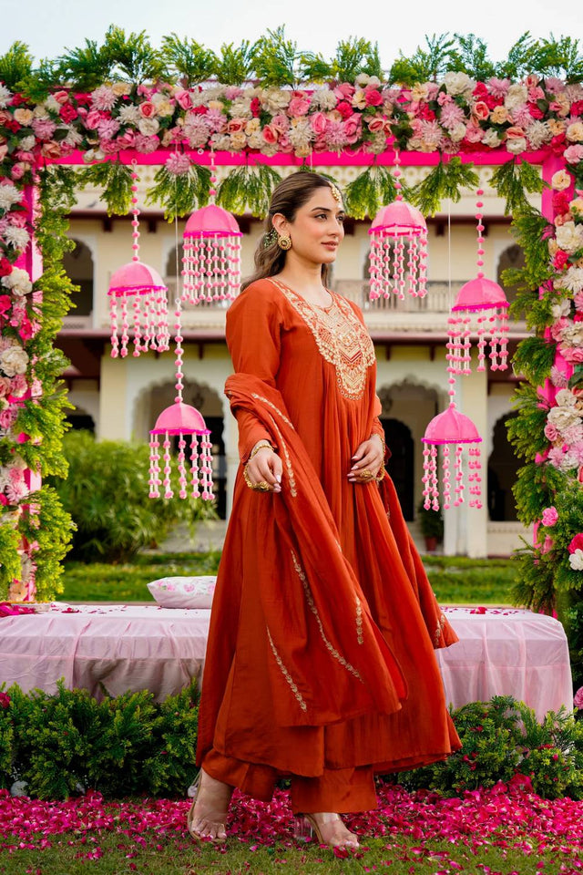 Rust Sequin with Embroidered Silk Anarkali Suits