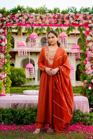 Rust Sequin with Embroidered Silk Anarkali Suits