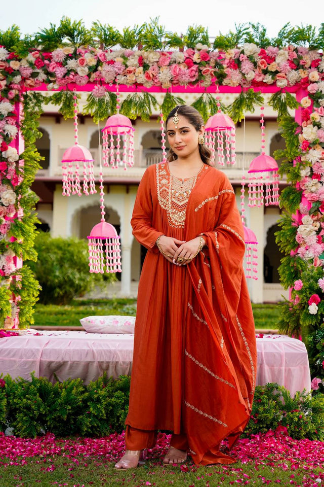 Rust Sequin with Embroidered Silk Anarkali Suits