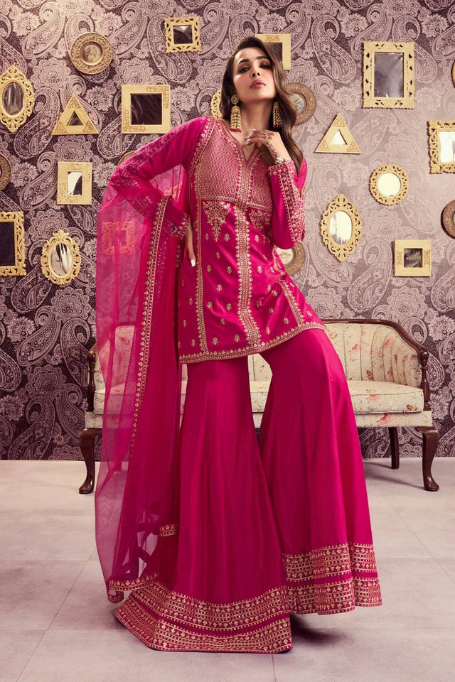 Pink Sequin with Embroidered Chanderi Sharara Suits