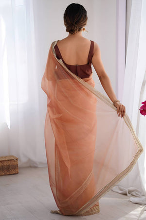 Orange Solid with Lace Border Net Saree