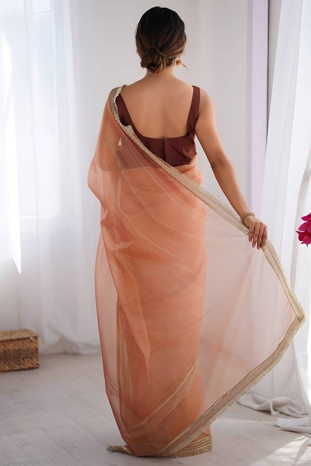 Orange Solid with Lace Border Net Saree