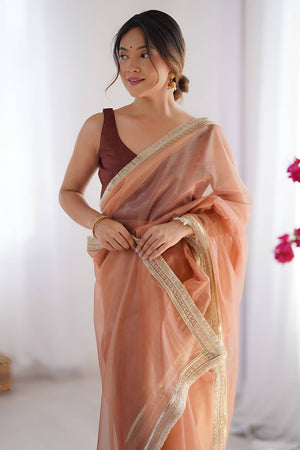 Orange Solid with Lace Border Net Saree