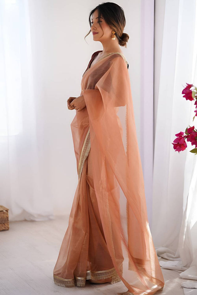 Orange Solid with Lace Border Net Saree