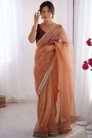 Orange Solid with Lace Border Net Saree