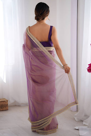 Pink Solid with Lace Border Net Saree