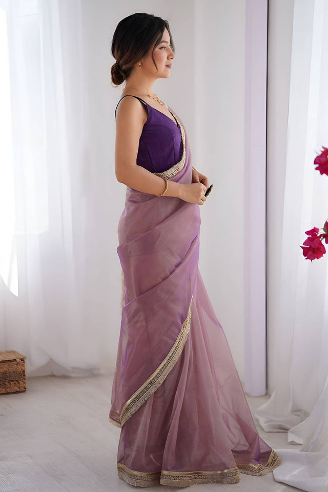 Pink Solid with Lace Border Net Saree