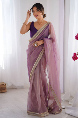 Pink Solid with Lace Border Net Saree