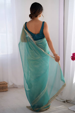 Sea Green Solid with Lace Border Net Saree