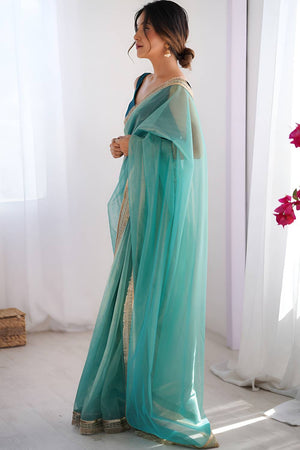 Sea Green Solid with Lace Border Net Saree